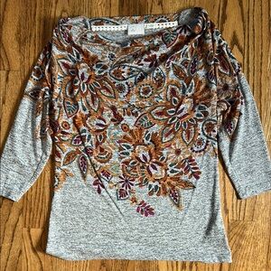 Anthropologie Gray Floral Embroidered Blouse